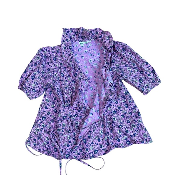 ROLLER RABBIT Cluny Brita Wrap Top Women S Pink Floral Ruffle V Neck Puff Sleeve - Picture 6 of 14